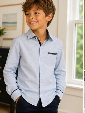 Mayoral Boys Slim Fit Button Down Shirt Boys Size 9 Light Blue Elbow Patch